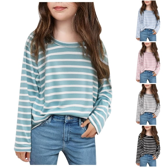 Ulanda Girls Striped Long Sleeve Shirts Drop Shoulder Casual Fashionable Crewneck Blouse Tee Tops (Green, 7-8 Years)