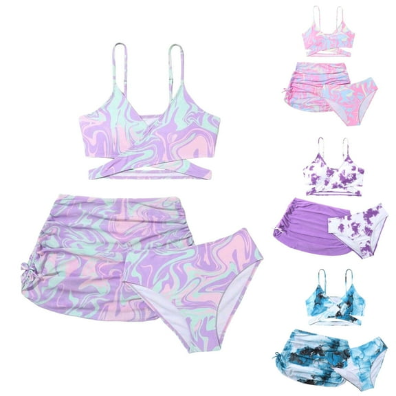 Ulanda Girls Swimsuit 3 Pieces V-Neck Bikini Set Printed Cross Front Bathing Suit Drawstring Cover Up Skirt (Blue, 140)