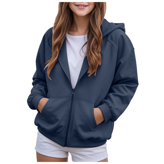 Ulanda Girls Zip Up Hoodies Teen Fleece Full-Zip Sweatshirts Jacket Casual Fall Hoodie with Pocket (Navy, 5-6 Years)