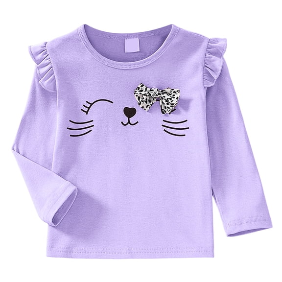 Ulanda Girls and Toddlers' Long Sleeve Ruffle Print T-Shirt Comfortable Soft Thick Basic Loose Crewneck Fall Winter Tee (Purple, 6-7 Years)
