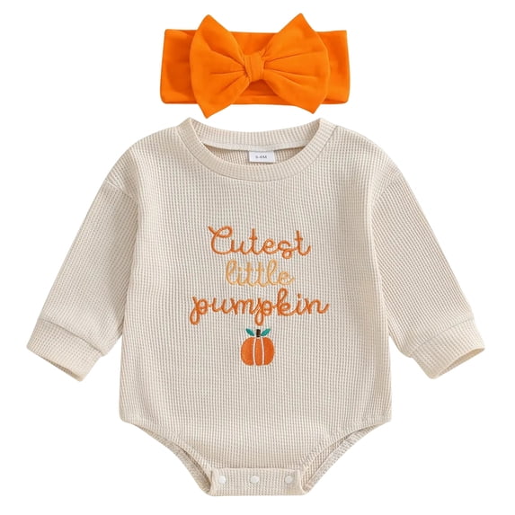Ulanda Halloween Baby Girl Boy Clothes Pumpkin Romper Sweatshirt Onesie Long Sleeve Bodysuit Top Fall Winter Outfit (Beige, 0-3 Months)