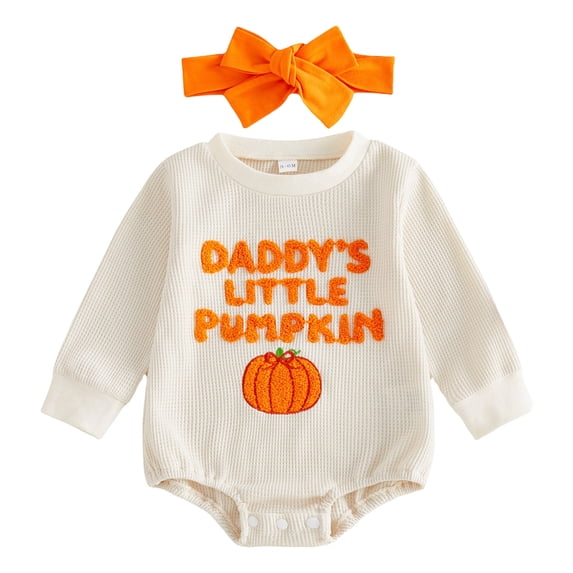 Ulanda Halloween Baby Girl Boy Clothes Pumpkin Romper Sweatshirt Onesie Long Sleeve Bodysuit Top Fall Winter Outfit (Beige, 6-12 Months)