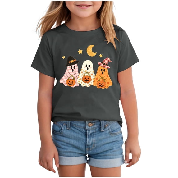 Ulanda Halloween Shirts for Girls Pumpkin Ghost Graphic Tshirts Cotton Short Sleeve Tee (Grey, 3-4 Years)