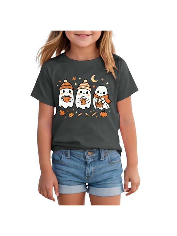 Halloween T-Shirts for Toddler Girls Short Sleeve Crew Neck Ghost Tees Tops (Grey, 2-3 Years)