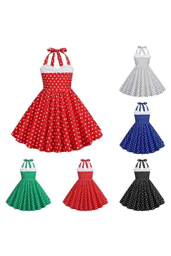 Halter Pinup Dresses for Girls 50s Pin up Dress Girls Retro Dress 1950s Vintage Dress Kids A line Party 50's Polka Dot Dress (White, 7-8 Years)