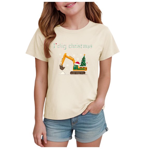 Ulanda I Dig Christmas Boy Kid Excavator Cute Xmas Shirt Short Sleeve Tee (Beige, 13-14 Years)