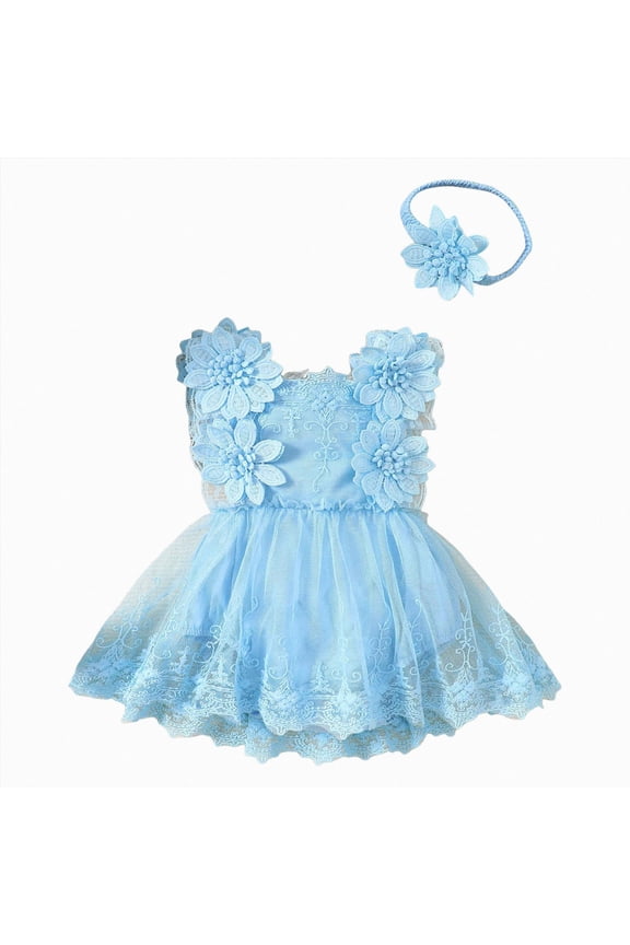 Infant Newborn Baby Girl Lace Romper Tulle Dress Floral Outfits Summer Toddler Wedding Dress with Headband (Sky Blue, 0-3 Months)