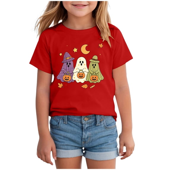 Ulanda Kid Boy Girls Halloween T-Shirt Ghost Shirts Spooky Season Tees Short Sleeve Fall Tops Outfits (Red, 11-12 Years)