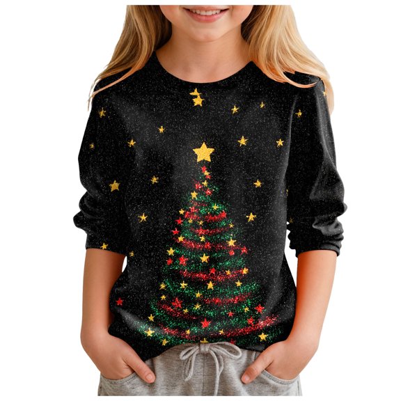 Ulanda Kid Christmas Shirts Dressy 3/4 Length Sleeve Tops - Funny Christmas Graphic 2025 Crew Neck Holiday Tops Pullover (Yellow, 13-14 Years)