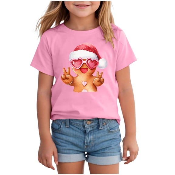 Ulanda Kid Gingerbread Man Blowing Pink Bubble Peace Sign Christmas T-Shirt (Pink, 5-6 Years)