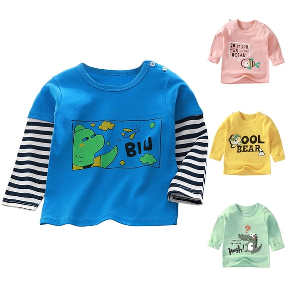 Ulanda Kids Boys Dinosaur Shirts Baby Cute Animals Excavator Graphic Undershirt Striped Long Sleeve Crewneck (Light Green, 6-12 Months)