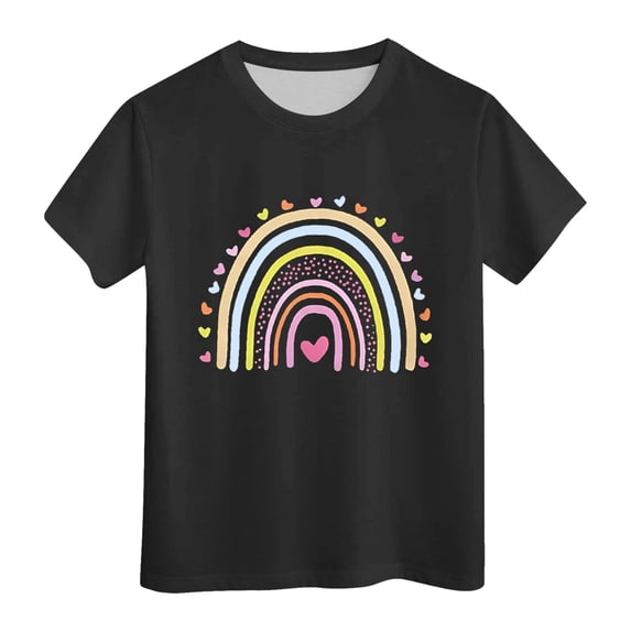 Ulanda Kids Casual Short Sleeve T-Shirt Crew Neck Tee with Cute Colorful Rainbow Print Soft and Comfy Summer Top for Girls (Black, 4-5 Years)