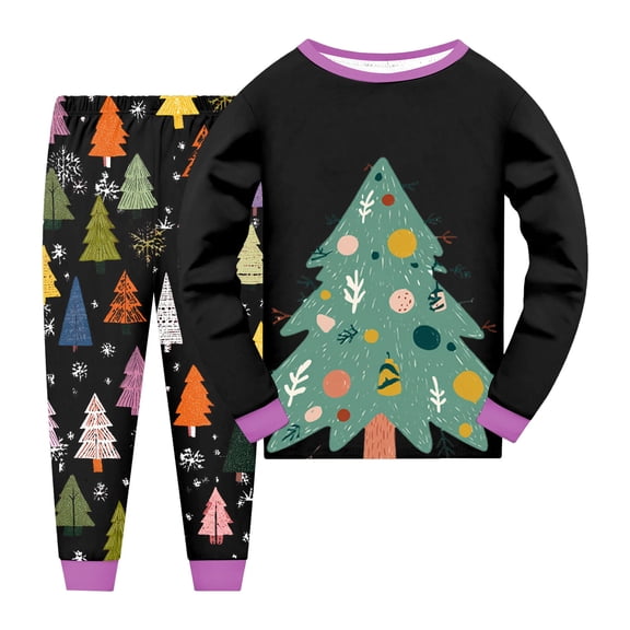 Ulanda Kids Christmas 2 Piece Outfits Toddler Boys Girls Cotton Xmas Graphic Clothing Set Fall Winter Thermal Pants Set (Black, 8-9 Years)