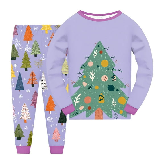 Ulanda Kids Christmas 2 Piece Outfits Toddler Boys Girls Cotton Xmas Graphic Clothing Set Fall Winter Thermal Pants Set (Light Purple, 4-5 Years)