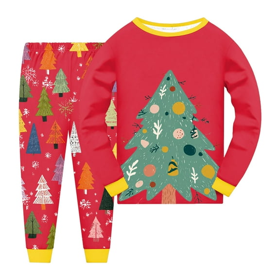 Ulanda Kids Christmas 2 Piece Outfits Toddler Boys Girls Cotton Xmas Graphic Clothing Set Fall Winter Thermal Pants Set (Red, 7-8 Years)