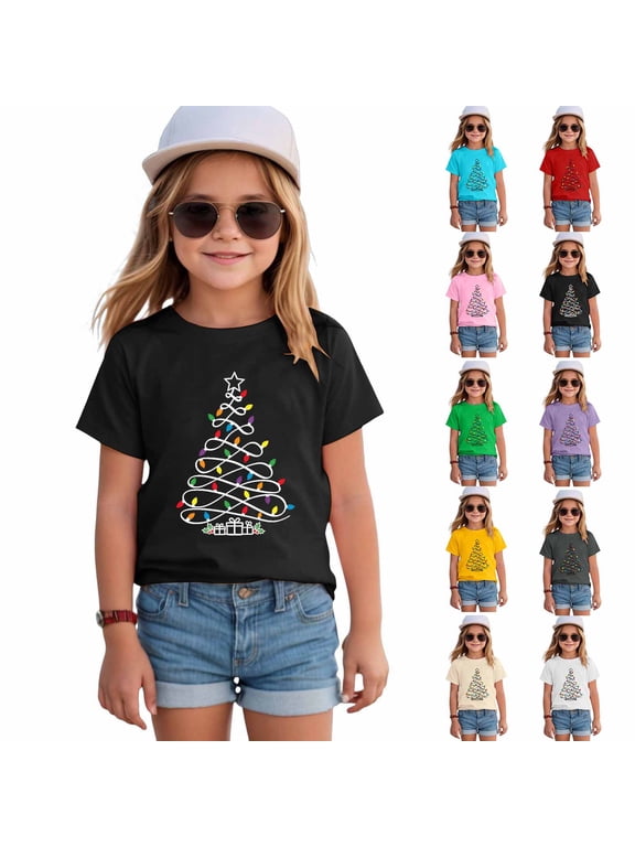 Kids Christmas Tshirt Girls Kids Merry Christmas Shirt Funny Xmas Graphic Short Sleeve Tee Holiday Casual Family Party Matching Tops (1-Pink, 1-2 Years)