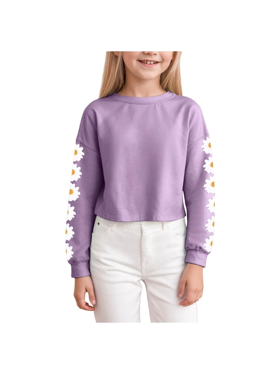 Kids Crop Tops Girls Long Sleeve Tee Shirts Cute Daisy Pinted Fashion Sweatshirt Pullover Top (Purple, 4-5 Years)