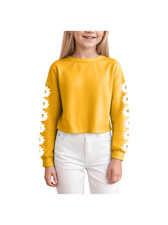 Kids Crop Tops Girls Long Sleeve Tee Shirts Cute Daisy Pinted Fashion Sweatshirt Pullover Top (Yellow, 6-7 Years)