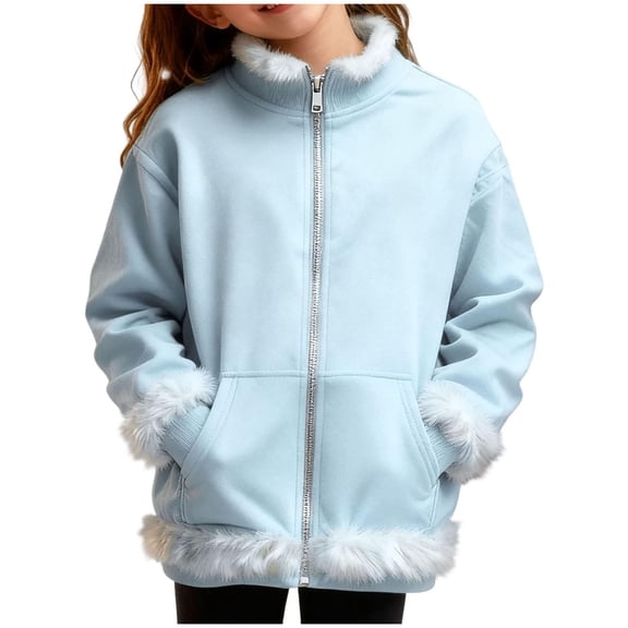 Ulanda Kids Girls Winter Fleece Jacket Coat Fluffy Sherpa Sweatshirt Full Zip Warm Long Sleeve Outerwear Cute Jackets Coats (Light Blue, 12-13 Years)