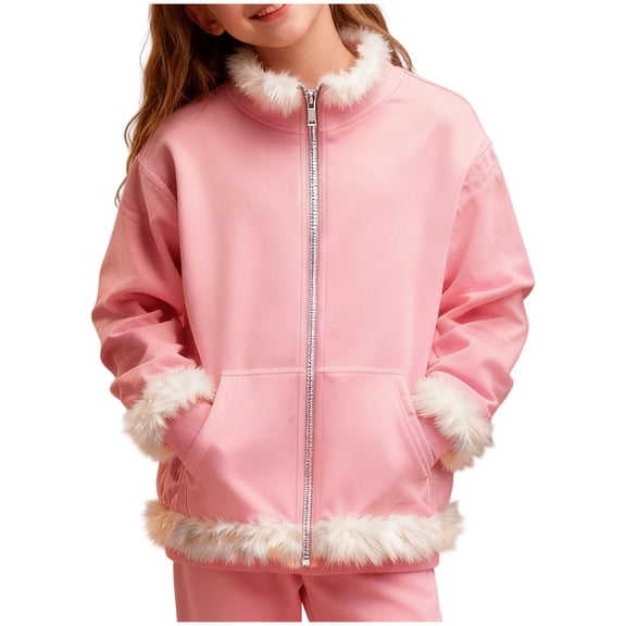 Ulanda Kids Girls Winter Fleece Jacket Coat Fluffy Sherpa Sweatshirt Full Zip Warm Long Sleeve Outerwear Cute Jackets Coats (Pink, 6-7 Years)