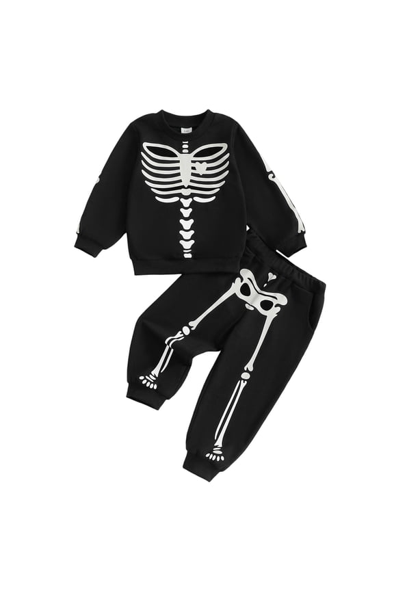 Kids Halloween Outfit Skeleton Print Long Sleeve Round Neck Sweatshirt+Jogger Pants Skeleton Costume Party (Black, 2-3 Years)