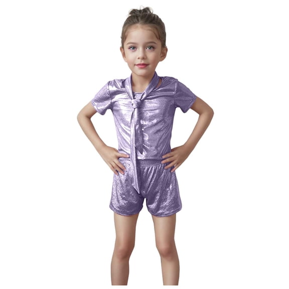 Ulanda Kids Sequin Hop Dance Outfit Boys Elastic Dance Girls Short Sleeve Top and Shorts Skirt 3-13T (Purple, 4-5 Years)