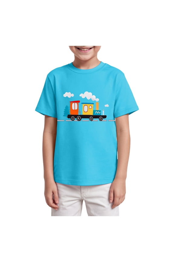 Kids Steam Locomotive Engine Shirt Train Toddler Boys T-Shirt (Sky Blue, 5-6 Years)