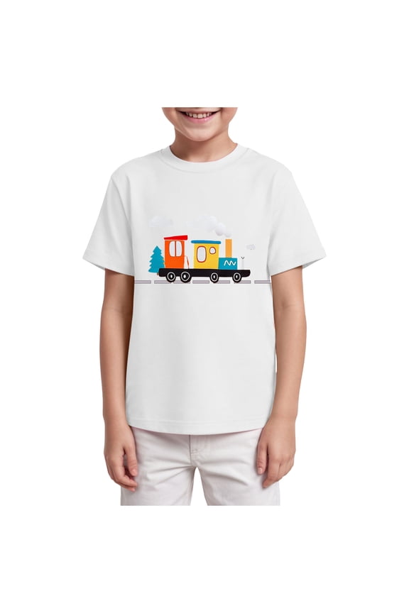 Kids Steam Locomotive Engine Shirt Train Toddler Boys T-Shirt (White, 11-12 Years)