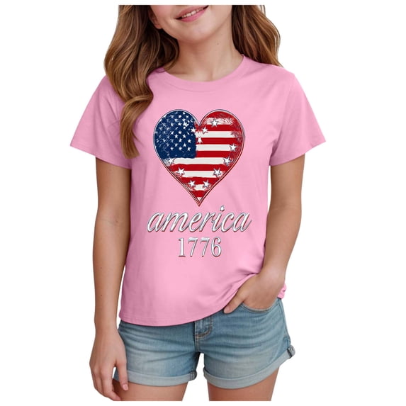 Ulanda Kids Striped Shirts Short Sleeve Boy Girls July 4th Patriotic Tee Top 3-14 Years (Pink, 11-12 Years)