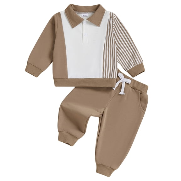 Ulanda Little Toddler Baby Boy Fall Outfit Long Sleeve Polo Long Pants 2PCs 2PCs Set Clothes Winter (Khaki, 12-18 Months)