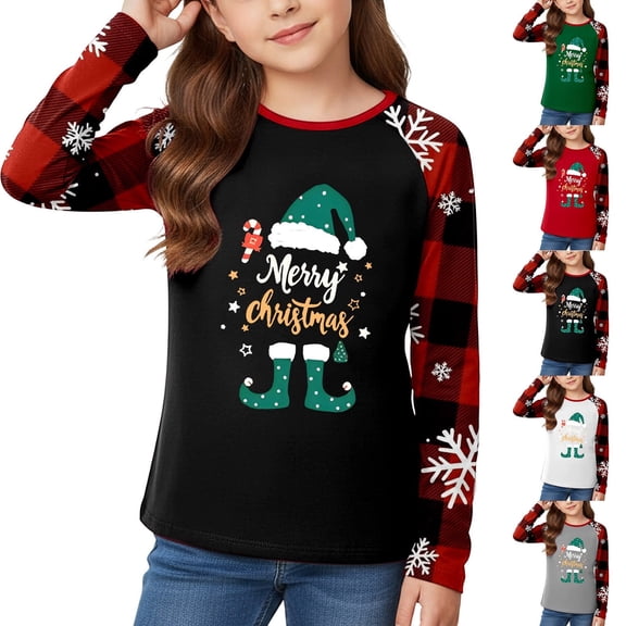Ulanda Merry Christmas Shirts for Kid Christmas Tree T-Shirt Xmas Light Tee Shirt Buffalo Plaid Long Sleeve Tops (Black, 4-5 Years)