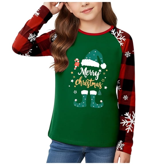 Ulanda Merry Christmas Shirts for Kid Christmas Tree T-Shirt Xmas Light Tee Shirt Buffalo Plaid Long Sleeve Tops (Green, 8-9 Years)