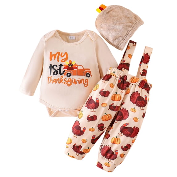 Ulanda My 1st Thanksgiving Baby Boy Outfit Long Sleeve Bowtie Romper Suspender Pants with Hat 3 Piece Clothes Set (Beige, 12-18 Months)