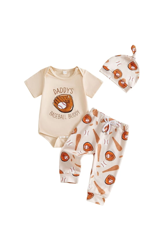 My First Baseball Season Baby Boy Outfit Letter Print Short Sleeve Romper Baseball Pants Hat 3Pcs Outfits Set (Beige, 6-9 Months)