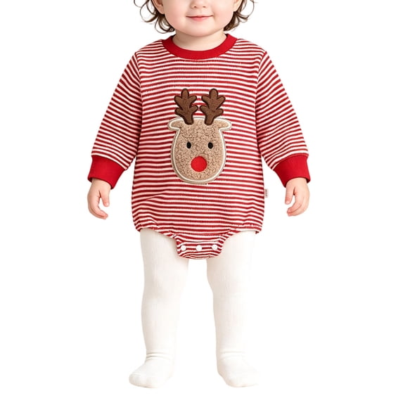 Ulanda My First Christmas Baby Boy Outfit Smocked Bubble Romper Ruffle Jumpsuit Cute Newborn Infant Fall Winter Clothes (Red, 12-18 Months)