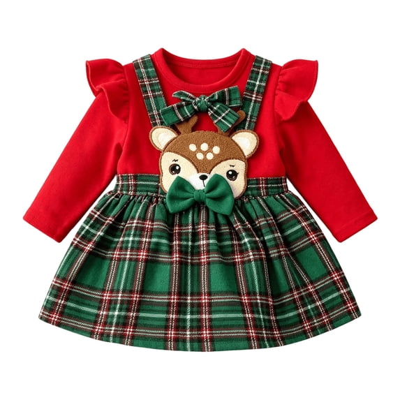 Ulanda My First Christmas Baby Girl Outfits Newborn Infant Ribbed Romper Ruffle Plaid Skirt Overalls Dress Clothes Set (Green, 18-24 Months)