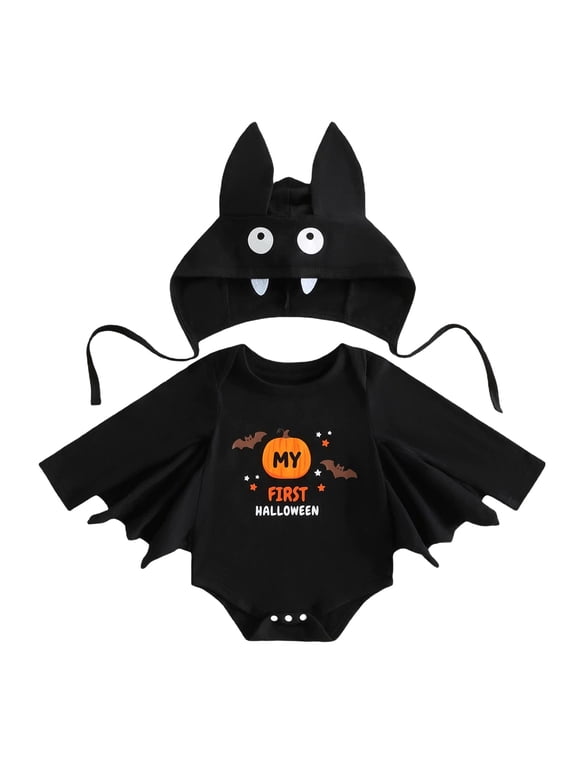 My First Halloween Baby Boy Outfits Pumpkin Letter Print Long Sleeve Bat Wing Romper with Hat Cute Clothes Set (Black, 6-9 Months)