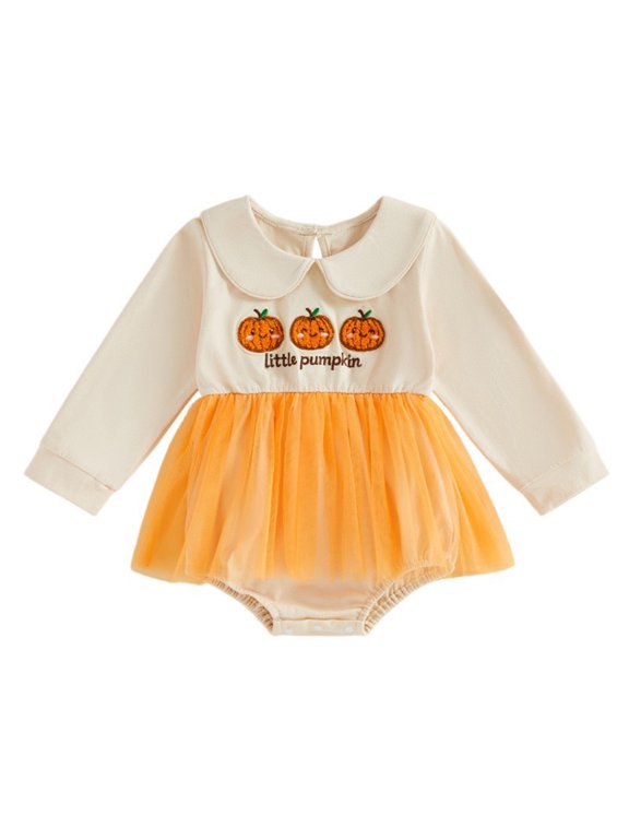 My First Halloween Outfit Newborn Baby Girl Pumpkin Ghost Bees Romper Long Sleeve Collar Tutu Dress Fall Clothes (Orange, 3-6 Months)