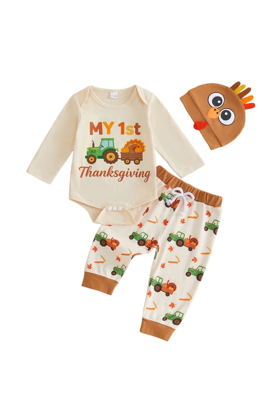 My First Thanksgiving Baby Boy Outfit Turkey Long Sleeve Romper Pants Hat (Khaki, 0-3 Months)
