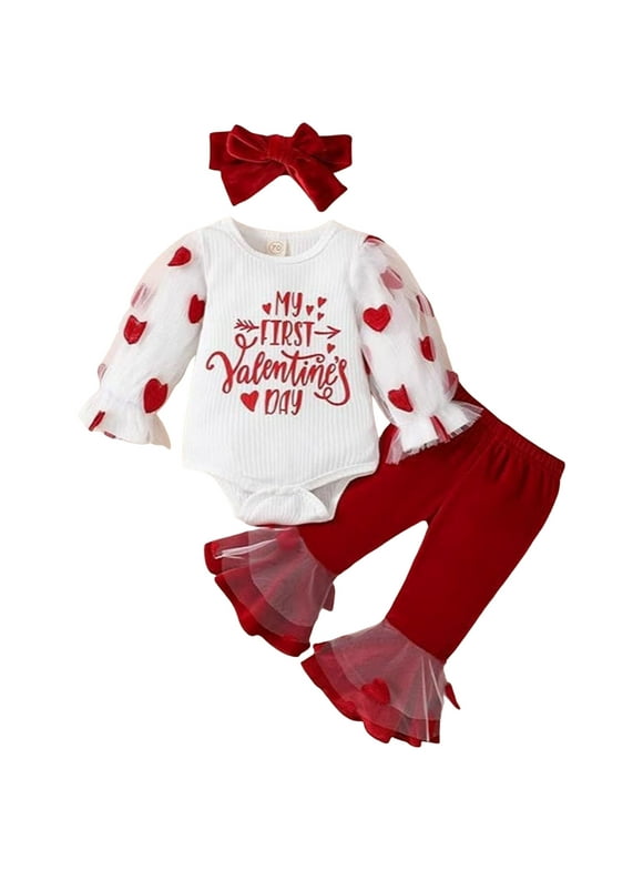 My First Valentines Day Toddler Baby Girl Outfit Red Heart Long Sleeve Romper and Flare Pants Clothes (Red, 6-12 Months)