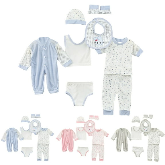 Ulanda Newborn 7 Piece Layette Set Cute Print Outfits Including Romper Pants Tank Top Bib Hat and Booties for Baby Gift (Grey, 0-3 Months)