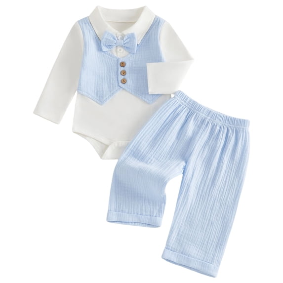 Ulanda Newborn Baby Boy Dress Clothes Fake Two-Piece Long Sleeve Romper Shirt Bowtie Pant Set Gentleman Suit Fall Outfit (Blue, 12-18 Months)