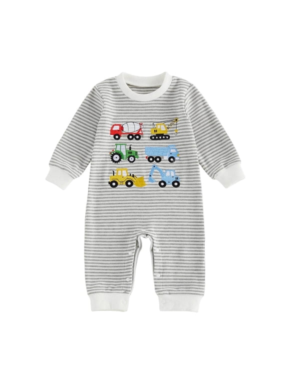 Newborn Baby Boy Knit Romper Truck Jumpsuit Striped Waffle Warm Clothes One Piece Fall Winter Outfits (Grey, 12-18 Months)