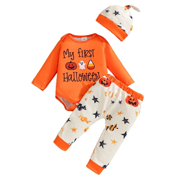 Ulanda Newborn Baby Boy First Halloween Outfit Ghost Pumpkin Printed Long Sleeve Romper and Pants Hat 3PCS Set (Red, 3-6 Months)