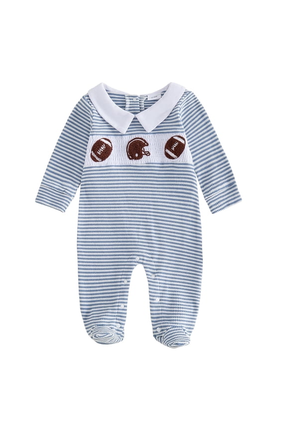 Newborn Baby Boy Footie Romper Waffle Knit Outfit Fall Jumpsuit | Duck/Football Embroidery, Collared, Long Sleeve Jumpsuit Baby Boy Footed One Piece Clothes (Blue, 0-3 Months)