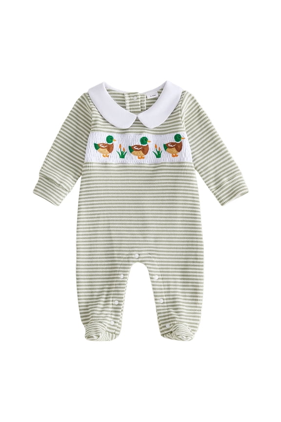 Newborn Baby Boy Footie Romper Waffle Knit Outfit Fall Jumpsuit | Duck/Football Embroidery, Collared, Long Sleeve Jumpsuit Baby Boy Footed One Piece Clothes (Green, Newborn)