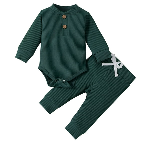 Ulanda Baby Boy Girl Clothes Ribbed Knitted Cotton Long Sleeve Romper Long Pants Solid Color Fall Winter Outfits (Green, 6-12 Months)