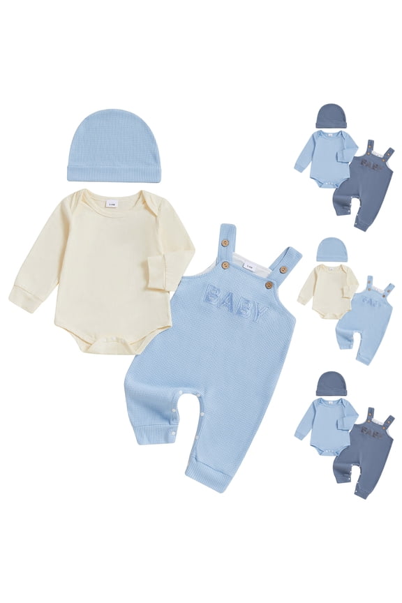 Newborn Baby Boy Outfit Fall Winter Clothes Solid Plain Long Sleeve Romper Jumpsuit Overall Pants Hat Set (Light Yellow, 3-6 Months)
