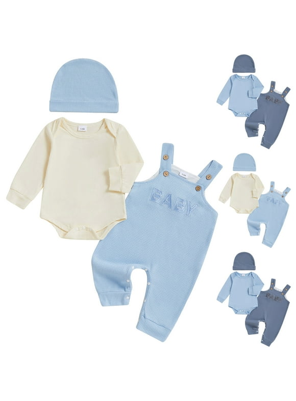 Newborn Baby Boy Outfit Fall Winter Clothes Solid Plain Long Sleeve Romper Jumpsuit Overall Pants Hat Set (Light Yellow, 3-6 Months)