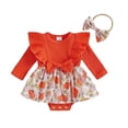 thumbnail image 1 of Ulanda Newborn Baby Girl Halloween Outfit Ruffle Long Sleeve Pumpkin Print Ribbed Romper Dress Headband 2Pcs Set (Orange, 0-3 Months), 1 of 8